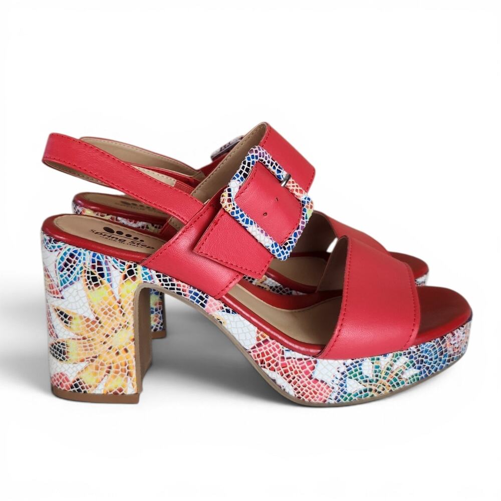 Spring Step Azucar Strap Sandals Block Heel 40/ US10 Red Multi Mosiac Italy Euro